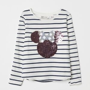H&M Girls Kids Sequin Mouse Striped Long Sleeve Shirt White Pink Size US 8-10